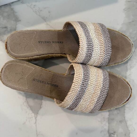 Studio Works Maddie Slide Espadrille Wedge Sandals Womens 8 Neutral Striped Band - Picture 5 of 10